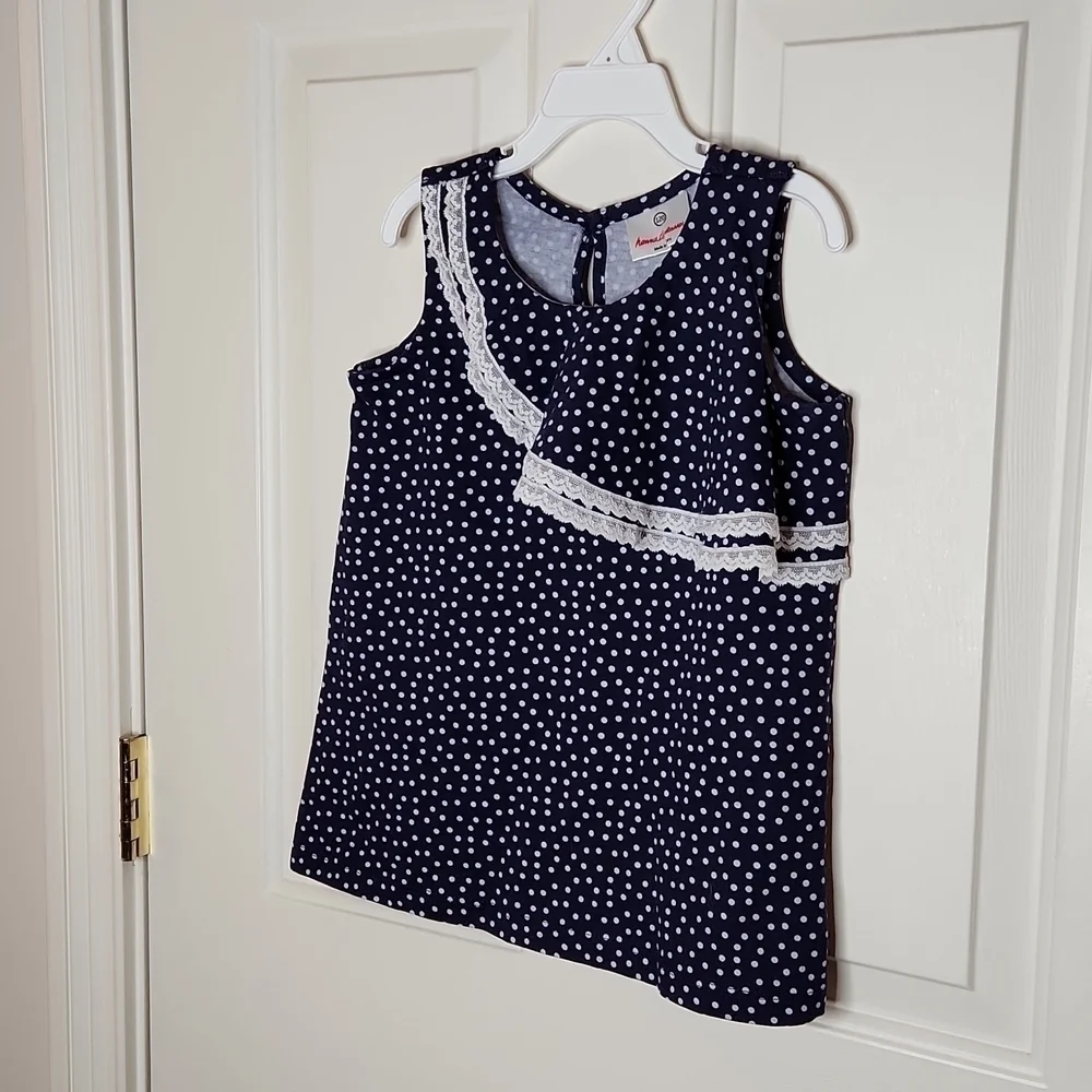 Hanna Andersson Girls Navy Lace Trim Polka Dot Top Size 120 or Size 6